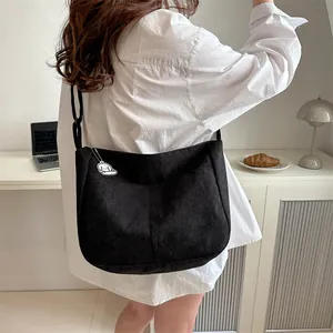 Large black corduroy tote bag with cartoon charm, casual shoulder crossbody bag for women