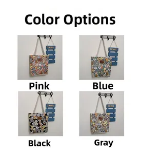Canvas tote bag color options in pink, blue, black, and gray with cartoon prints