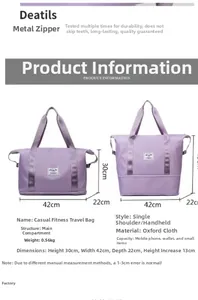 Diagrama detallado de bolsa de viaje oxford morada con medidas de 42x30x22cm