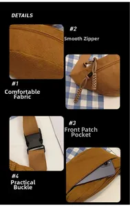 Detail view of corduroy shoulder bag showing fabric texture, zipper and plastic buckle