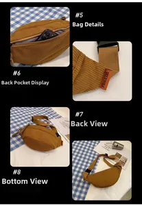 Detail view of brown corduroy crossbody bag showing internal storage and back strap buckle