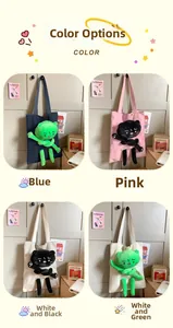 Grid view showing four color variants of cute plush cat canvas shoulder bags