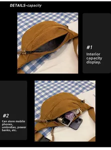 Internal capacity of brown corduroy sling bag showing storage for phone and umbrella