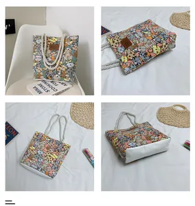 Detail view of cartoon cat print canvas tote with thick rope handles and reinforced base