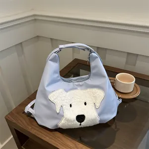 Women's Cute Plush Dog Patch PU Leather Shoulder Bag Large Capacity Casual Tote Handbag Fashion Underarm Bag Daily Use
