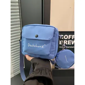Women Cute Japanese Casual Nylon Crossbody Bag And Round Coin Purse Small Square Shoulder Bag Dachshund Letter Print Daily Handbag
