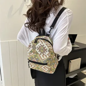 Women Ethnic Style Mini Backpack Woven Geometric Pattern Canvas Vintage Small Travel Rucksack Casual Daypack For Commuting