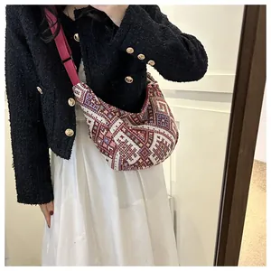 Close-up of ethnic style knit handbag showing geometric patterns and shoulder strap detail