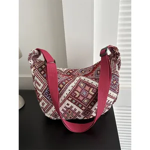 Women Ethnic Geometric Woven Crossbody Bag Bohemian Jacquard Shoulder Bag Lightweight Casual Underarm Bag Travel Handbag