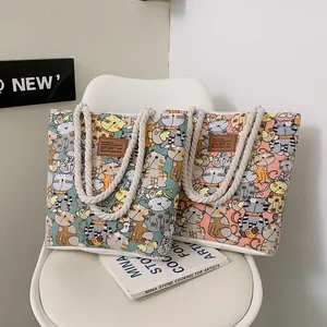 Women's Cute Cartoon Cat Print Canvas Tote Bag Large Capacity Casual Shoulder Bag With Cotton Rope Handles Daily Handbag