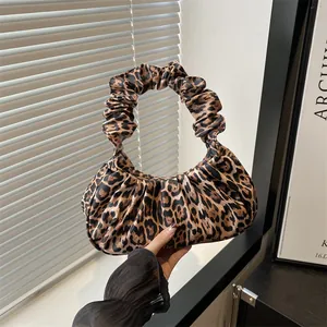 Women Fashion Leopard Print Ruched Underarm Bag Vintage PU Leather Shoulder Bag Casual Cloud Handbag For Party Daily