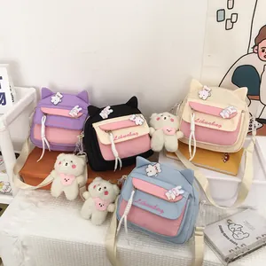Kawaii Katzenohr Segeltuch Umhängetasche Für Damen Mädchen Süße Patchwork Schultertasche Mit Plüschbär Anhänger Schule Reise Tasche