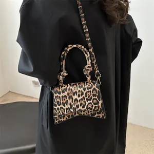 Leopard Print Women Shoulder Bag PU Leather Knotted Handle Crossbody Handbag Vintage Elegant Structured Square Purse Fashion Accessories