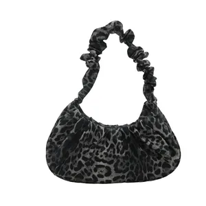 Chic leopard print ruched cloud shoulder bag for women with pleated handle design