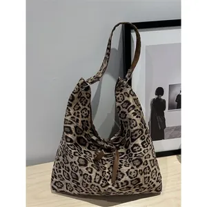 Retro large capacity leopard print suede tote bag with a brown ribbon bow decoration