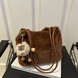 Women Furry Plush Tote Bag Large Capacity Shoulder Bag With Cute Sheep Charm Soft Faux Fur Handbag Autumn Winter Casual Bag