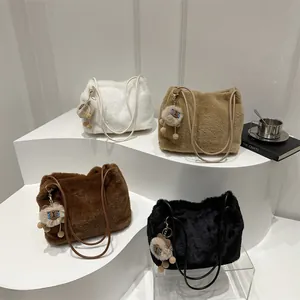 Plush faux fur tote bags in four colors with cute sheep charms and slim shoulder straps