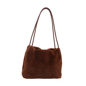 Brown faux fur tote bag for women featuring a minimalist plush design for autumn winter