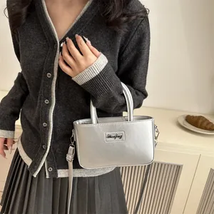 Minimalist silver metallic small square bag with top handles and cross-body strap for women