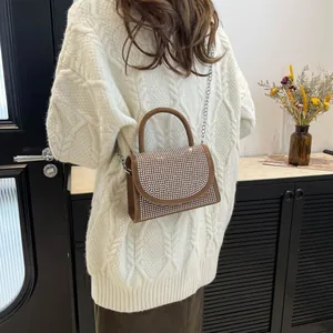 Brown rhinestone-studded flap handbag for women, crossbody square bag with silver chain
