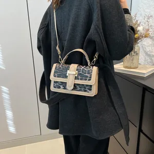 Retro leopard print crossbody bag with beige leather trim and golden square buckle