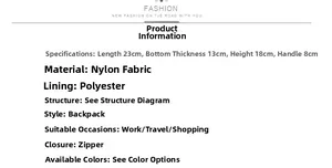 Dimensions détaillées du sac à dos en nylon avec longueur 23cm et hauteur 18cm