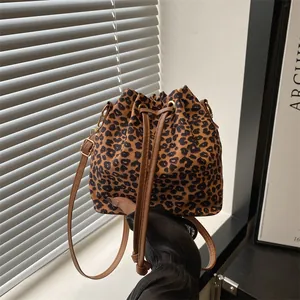 Fashion Women Leopard Print Drawstring Bucket Bag Stylish Canvas Nylon Crossbody Shoulder Bag Casual Travel Messenger Bag