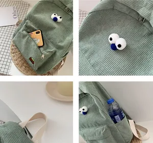Detail view of corduroy backpack with cute eye design and side pockets for storage