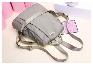 Detail of grey waterproof nylon backpack featuring adjustable straps and anti-theft back pocket