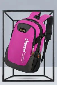 Detail of the rose red and dark grey large capacity casual backpack with padded shoulder straps