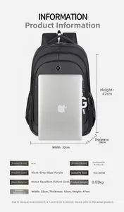 Detailed dimension guide for the casual black backpack showing height 47cm and 15.6 inch laptop fit
