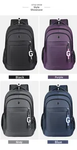 Collage showing durable nylon backpacks in black, purple, grey and blue with logo details