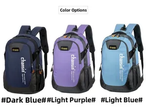 Three large capacity school backpacks in dark blue, light purple, and light blue colors