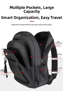 Detail view of large capacity black backpack showing multi-pocket storage and zippers