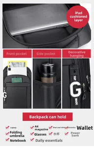 Detail showing the internal padded iPad compartment and multi-pocket storage of the black backpack