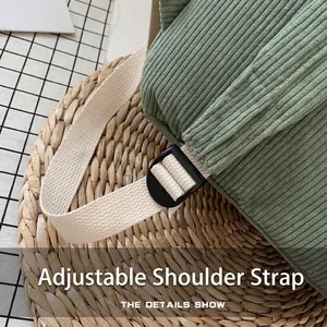 Sage green corduroy backpack with adjustable off-white woven strap and black buckle