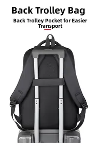 Close-up of black backpack featuring a breathable mesh back and a luggage strap for travel