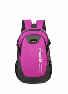 Front detail of pink and grey waterproof backpack with mesh side pockets and brand logo