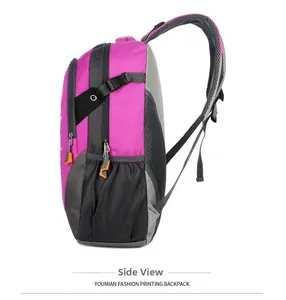 Side view of outdoor sports backpack in magenta and grey with mesh pocket and buckle