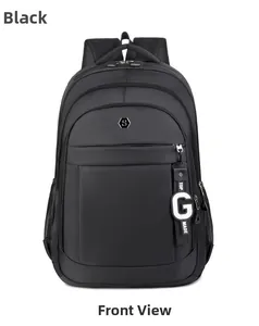 Front view of black durable backpack with metallic S logo and side mesh pockets