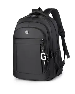 Detail view of water-resistant black backpack with metal S-logo and a branded lanyard