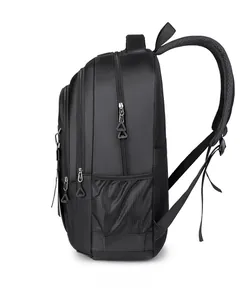 Side view of black ergonomic backpack with mesh side pockets and metal zippers