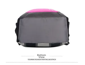 Bottom view of large capacity backpack showing durable dark grey fabric and mesh pockets