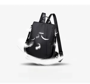 Detail of a lightweight black nylon anti-theft backpack with feathers showing its light weight