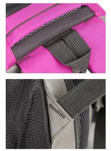 Detail of reinforced stitching and breathable mesh padding on the pink backpack straps