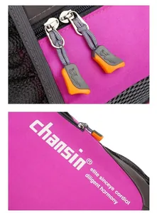 Close-up of the durable dual-zipper closure and printed brand logo on the backpack