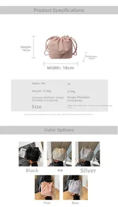 Détails du mini sac seau à cordon en cuir PU avec les dimensions et caractéristiques