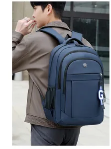 Macro shot of dark blue large capacity backpack featuring multi-layer zippers and side pockets