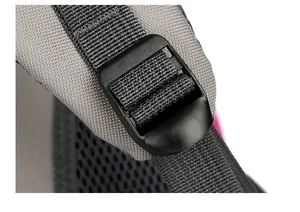 Detail of breathable honeycomb mesh shoulder straps with adjustable black buckles on backpack