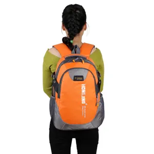 Padded S-shaped shoulder straps on a large orange and gray sports backpack